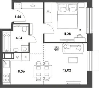 Планировка: Евродвушка 42,1 м² в ЖК «Публицист»