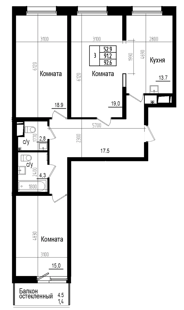 Планировка: 3-комнатная квартира 91,2 м² в ЖК «Прагма Сити»