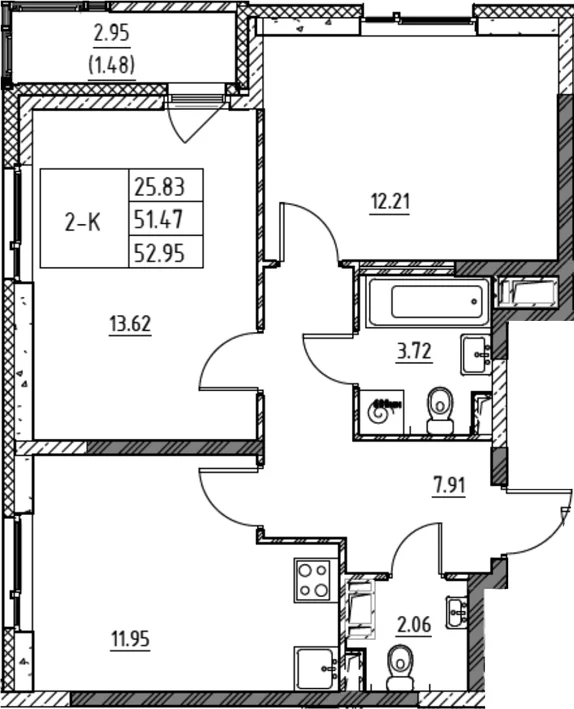 Планировка: 2-комнатная квартира 51,5 м² в ЖК «Город-спутник Южный»