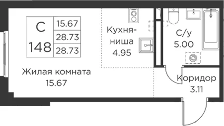 Планировка: Студия 28,7 м² в ЖК «Кронфорт»