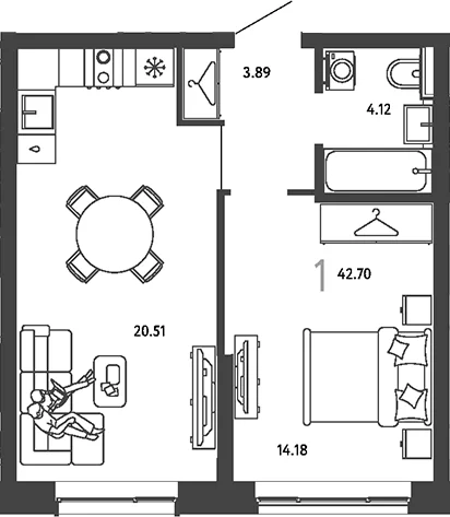 Планировка: 1-комнатная квартира 42,7 м² в ЖК «Страна.Парковая»