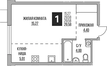 Планировка: Студия 29,6 м² в ЖК «Гранель Притяжение Сити»