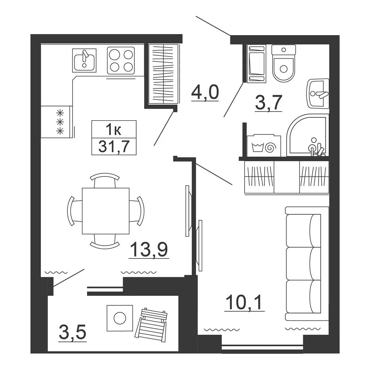 Планировка: 1-комнатная квартира 31,7 м² в ЖК «Рубеж»