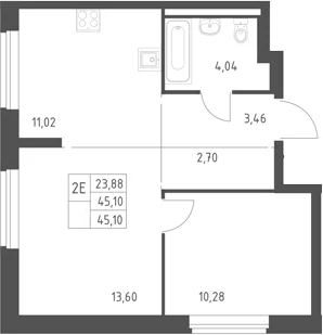 Планировка: Евродвушка 45,1 м² в ЖК «Горки Парк»