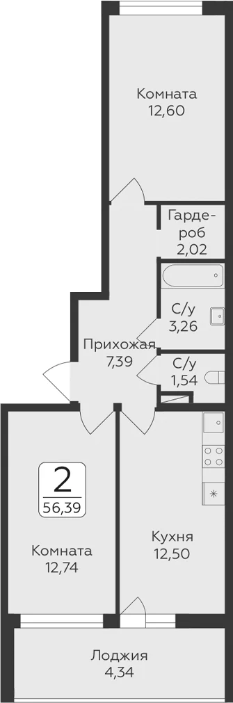 Планировка: 2-комнатная квартира 52,1 м² в ЖК «Панорама Юкки. ГК Развитие. Санкт-Петербург»
