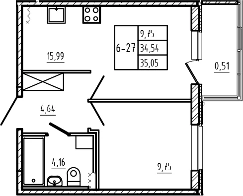 Планировка: Евродвушка 34,5 м² в ЖК «Новая история»