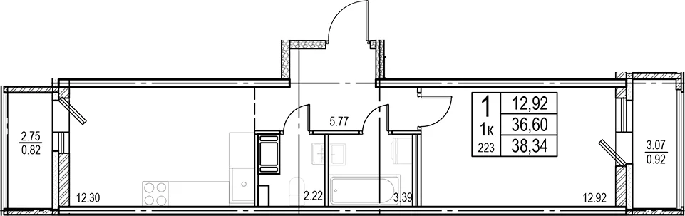 Планировка: 1-комнатная квартира 36,6 м² в ЖК «ID Murino III»