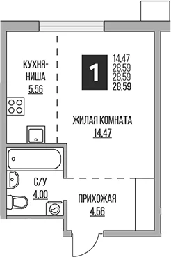 Планировка: Студия 28,6 м² в ЖК «Гранель Притяжение Сити»