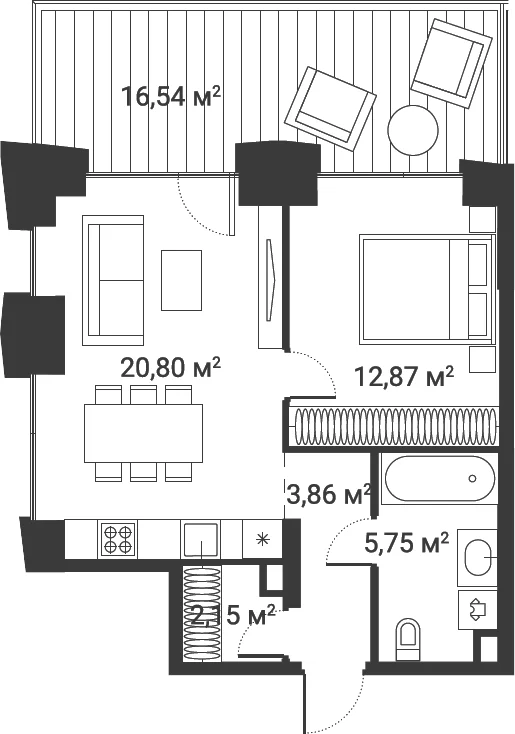 Планировка: 1-комнатная квартира 43,7 м² в ЖК «Первый Нагатинский»