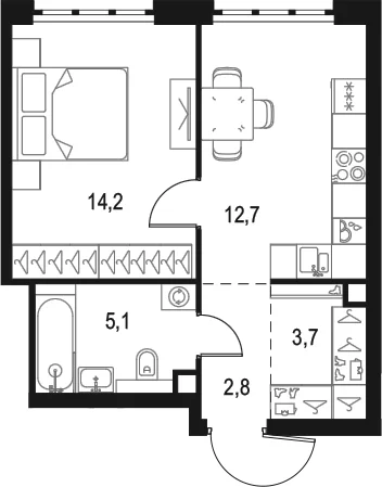 Планировка: 1-комнатная квартира 38,5 м² в ЖК «Левел Южнопортовая»