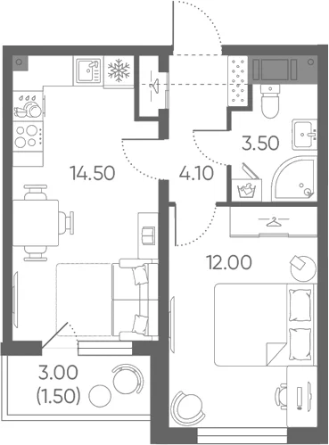 Планировка: Евродвушка 34,1 м² в ЖК «Ручьи 2»