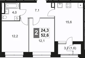 Планировка: Евротрёшка 51 м² в ЖК «Скай Гарден»