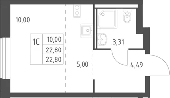 Планировка: Студия 22,8 м² в ЖК «Горки Парк»