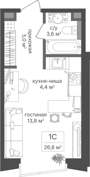 Планировка: Студия 26,8 м² в ЖК «Петровский Парк II»