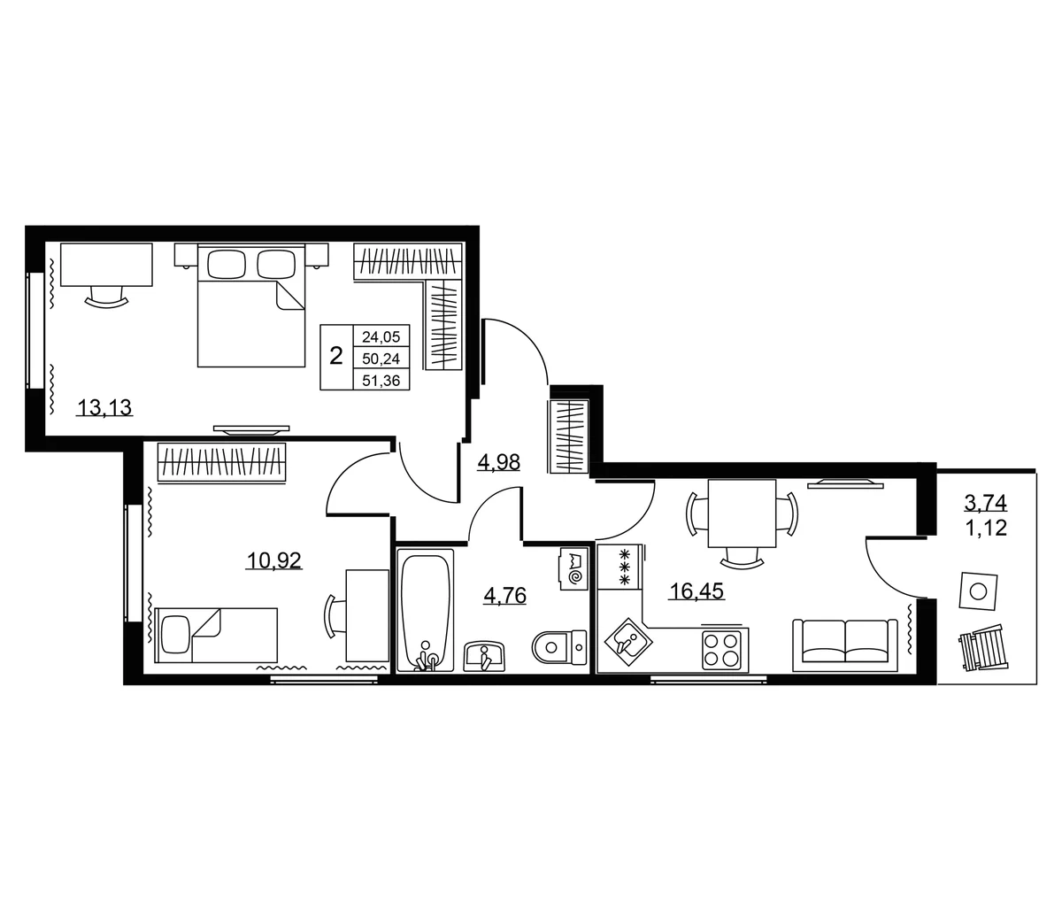 Планировка: Евротрёшка 50,2 м² в ЖК «Пулковское, 34»