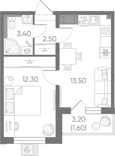 Планировка: 1-комнатная квартира 31,7 м² в ЖК «Зеркальный ручей»