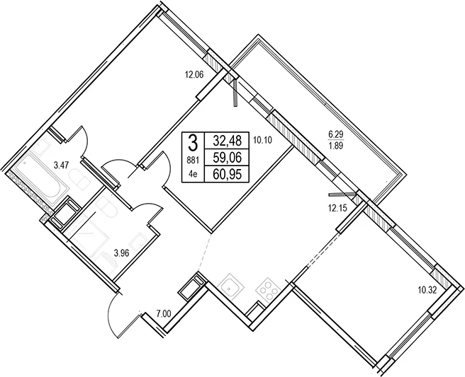 Планировка: Квартира евро-4 59,1 м² в ЖК «ID Murino III»