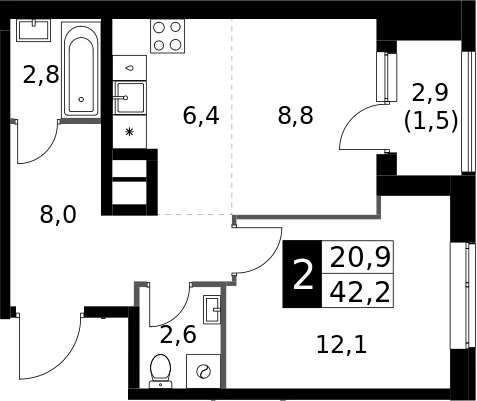 Планировка: Евродвушка 40,7 м² в ЖК «1-й Измайловский»
