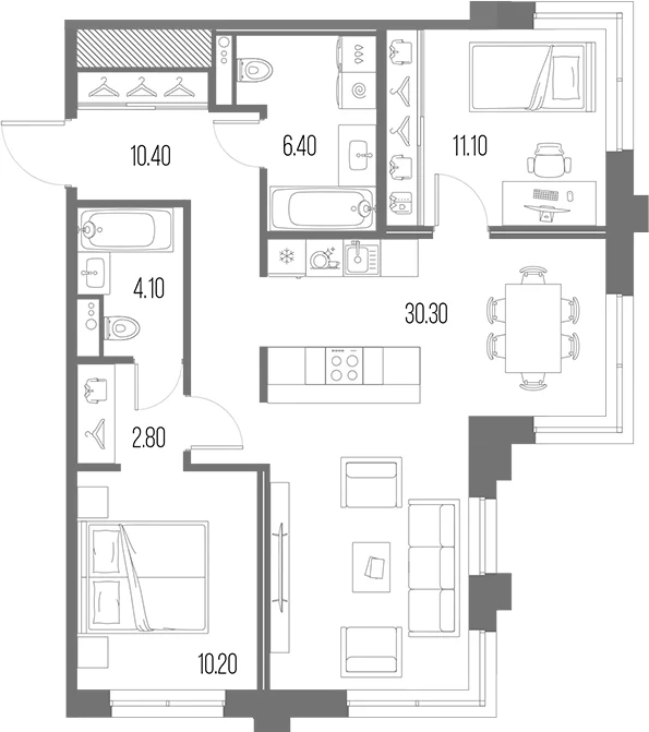 Планировка: Евротрёшка 75,3 м² в ЖК «Легенда на Охте»