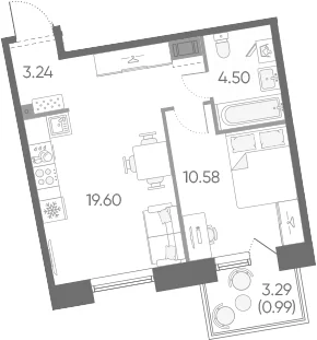 Планировка: Евродвушка 37,9 м² в ЖК «Бульвар Грина»