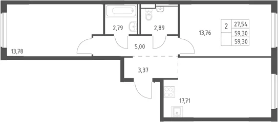 Планировка: Евротрёшка 59,3 м² в ЖК «Егорово парк»