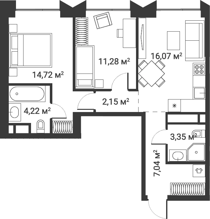 Планировка: Евротрёшка 58,8 м² в ЖК «Первый Нагатинский»