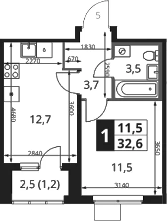 Планировка: 1-комнатная квартира 31,4 м² в ЖК «1-й Ясеневский»
