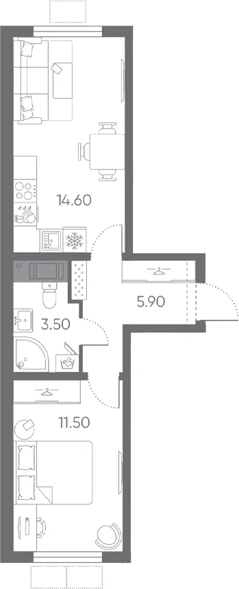 Планировка: Евродвушка 35,5 м² в ЖК «Ручьи 2»