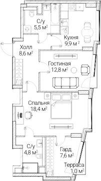 Планировка: 2-комнатная квартира 67,2 м² в ЖК «СЕЗАР БУДУЩЕЕ»