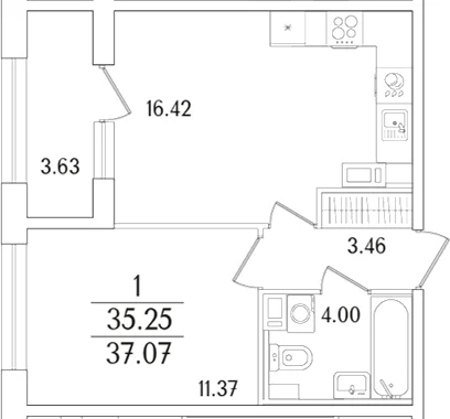 Планировка: Евродвушка 35,3 м² в ЖК «Аурум»