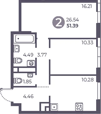 Планировка: 2-комнатная квартира 51,4 м² в ЖК «Нижегородская от Гранель»
