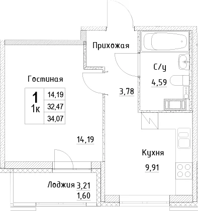 Планировка: 1-комнатная квартира 32,5 м² в ЖК «ID Kudrovo II»