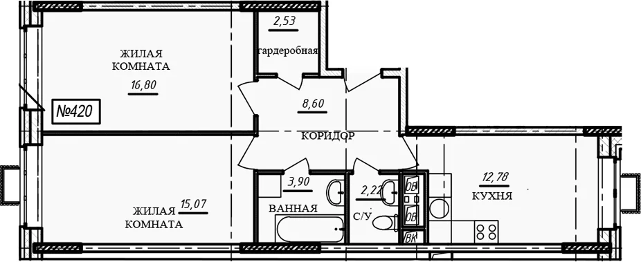 Планировка: 2-комнатная квартира 61,9 м² в ЖК «Краснофлотский»