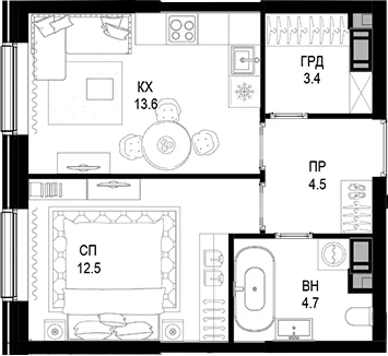 Планировка: 1-комнатная квартира 38,7 м² в ЖК Трилогия «Кристалл»