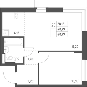 Планировка: Евродвушка 40,8 м² в ЖК «Подольские кварталы»
