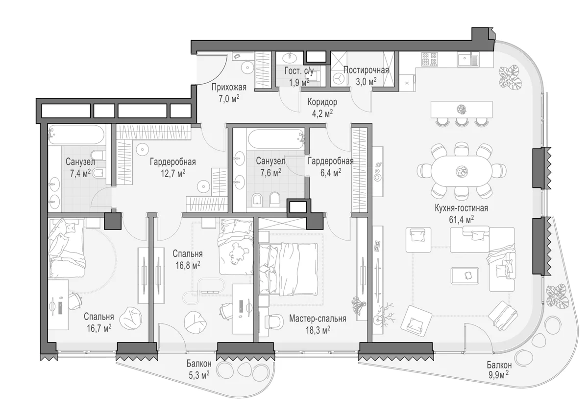 Планировка: 3-комнатная квартира 163,4 м² в ЖК «Дом Лаврушинский»