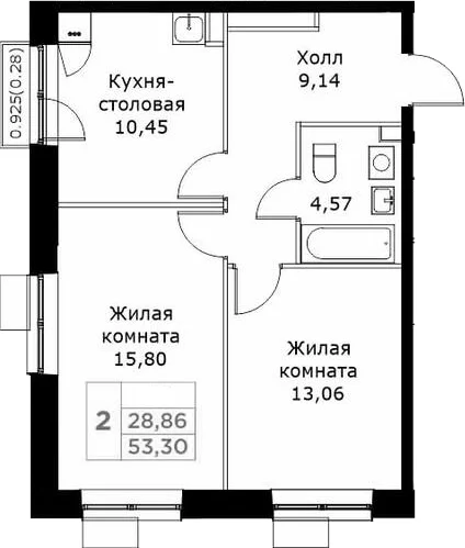 Планировка: 2-комнатная квартира 53,1 м² в ЖК «КИТ»