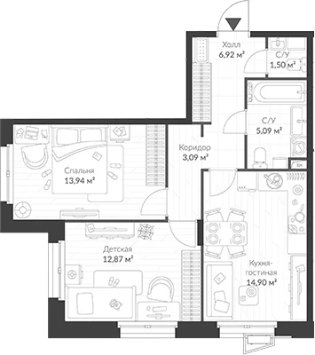 Планировка: 2-комнатная квартира 58,3 м² в ЖК «ВЕРЕН НОРТ Cертолово»