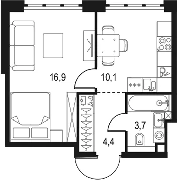 Планировка: 1-комнатная квартира 35,1 м² в ЖК «Левел Южнопортовая»