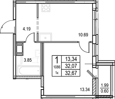 Планировка: 1-комнатная квартира 32,1 м² в ЖК «ID Murino III»