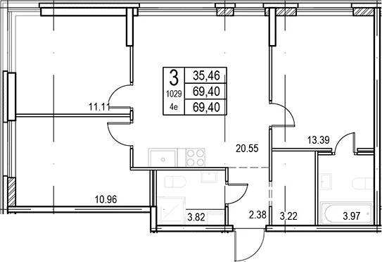 Планировка: Квартира евро-4 69,4 м² в ЖК «ID Murino III»