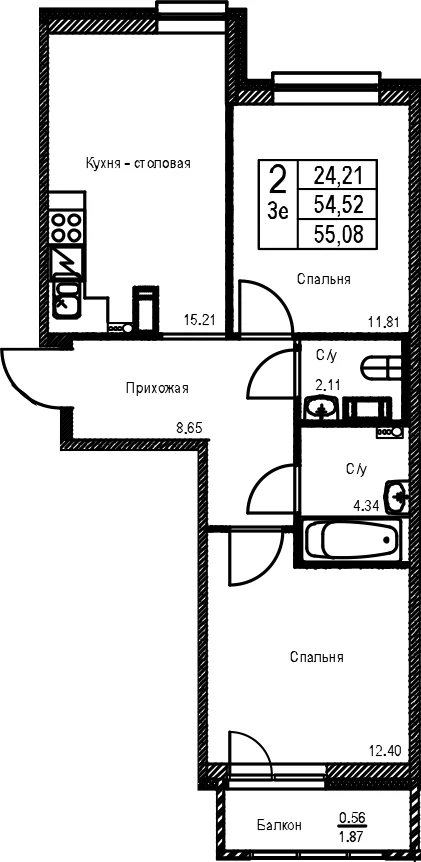 Планировка: Евротрёшка 54,5 м² в ЖК «ID Kudrovo II»