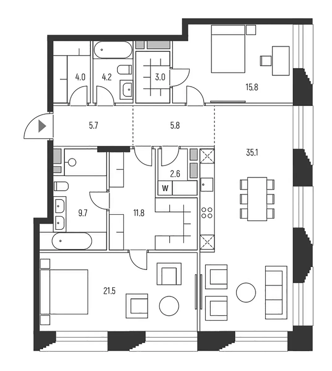 Планировка: Евротрёшка 119,2 м² в ЖК «Веспер Кутузовский»