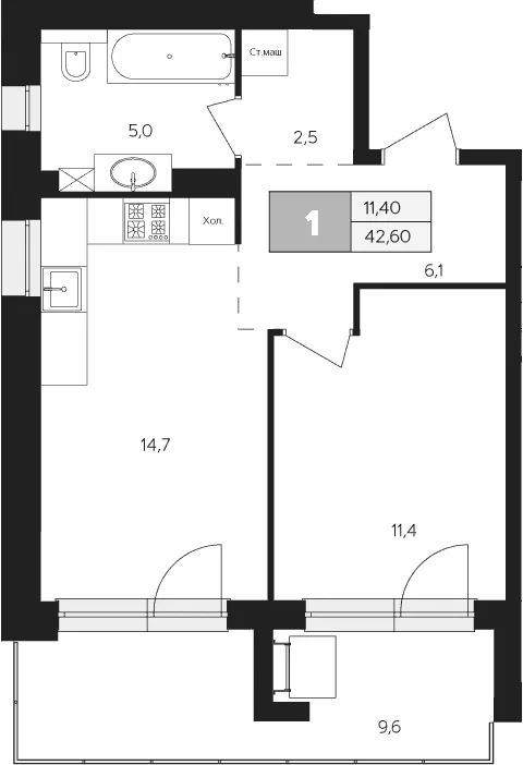 Планировка: 1-комнатная квартира 39,7 м² в ЖК «Ласточкино»