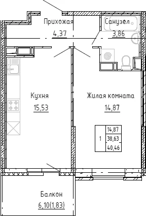 Планировка: Евродвушка 39,8 м² в ЖК «Аквилон Stories»