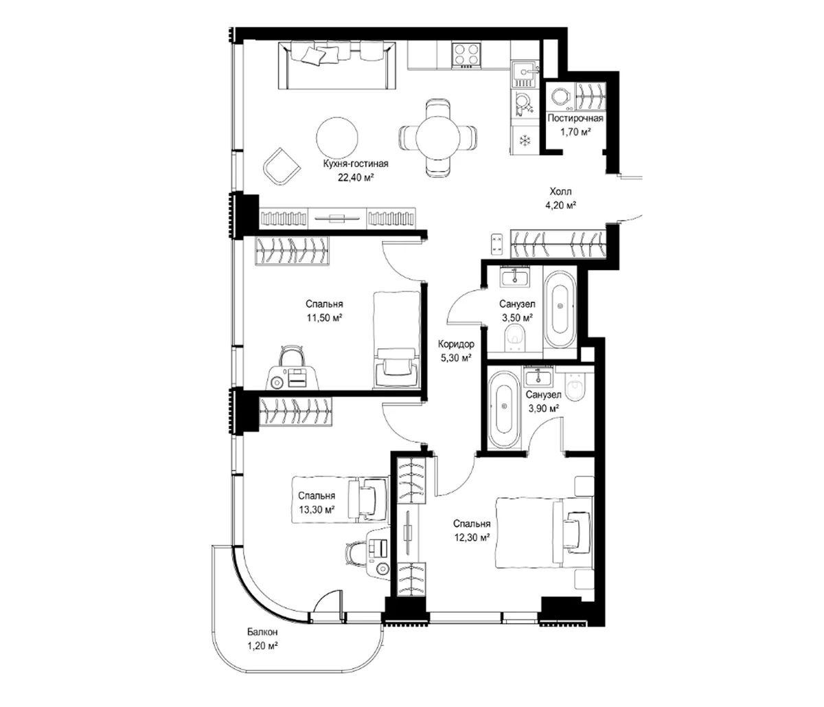Планировка: Квартира евро-4 78,1 м² в ЖК «СИТИДЗЕН»