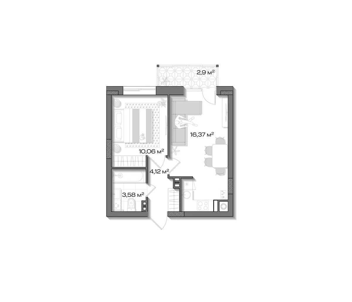 Планировка: Евродвушка 34,1 м² в ЖК «Аксиома.Возрождение»