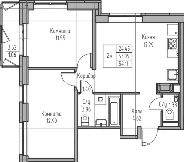 Планировка: Евротрёшка 53,1 м² в ЖК «Юнтолово»
