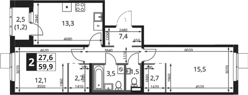 Планировка: 2-комнатная квартира 58,7 м² в ЖК «1-й Ясеневский»