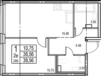 Планировка: Евродвушка 38,6 м² в ЖК «ID Murino III»